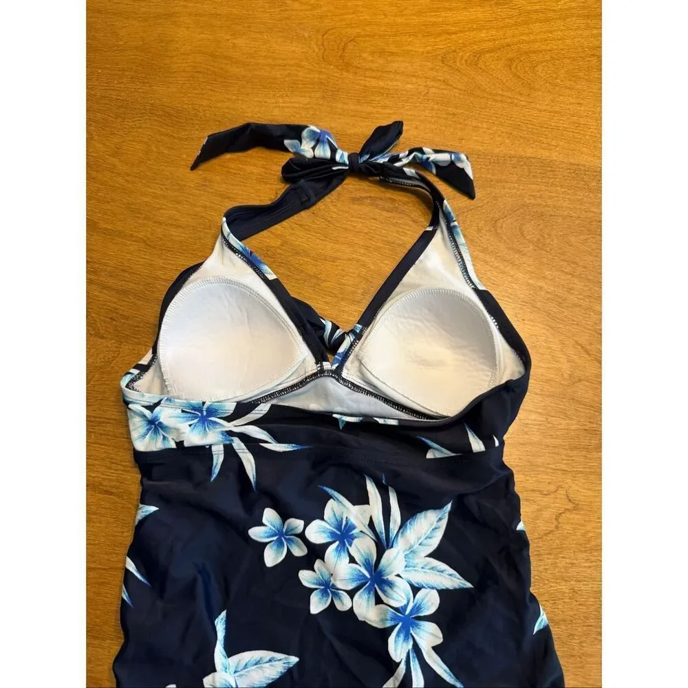 Kona Sol Women's Floral Twist Front Halter Swim Tankini Top Navy Small